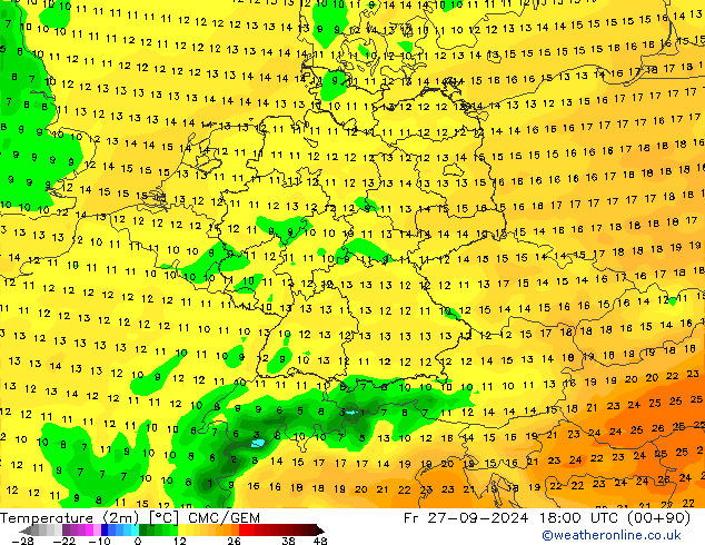 Temperature (2m) CMC/GEM Fr 27.09.2024 18 UTC