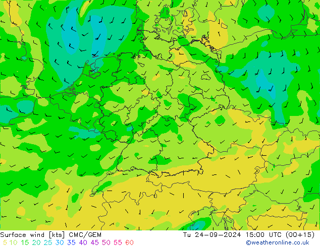 Surface wind CMC/GEM Út 24.09.2024 15 UTC