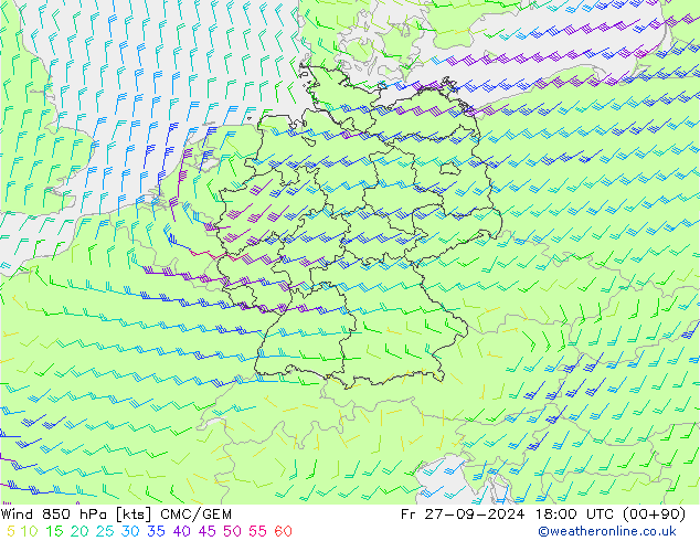 Vento 850 hPa CMC/GEM ven 27.09.2024 18 UTC