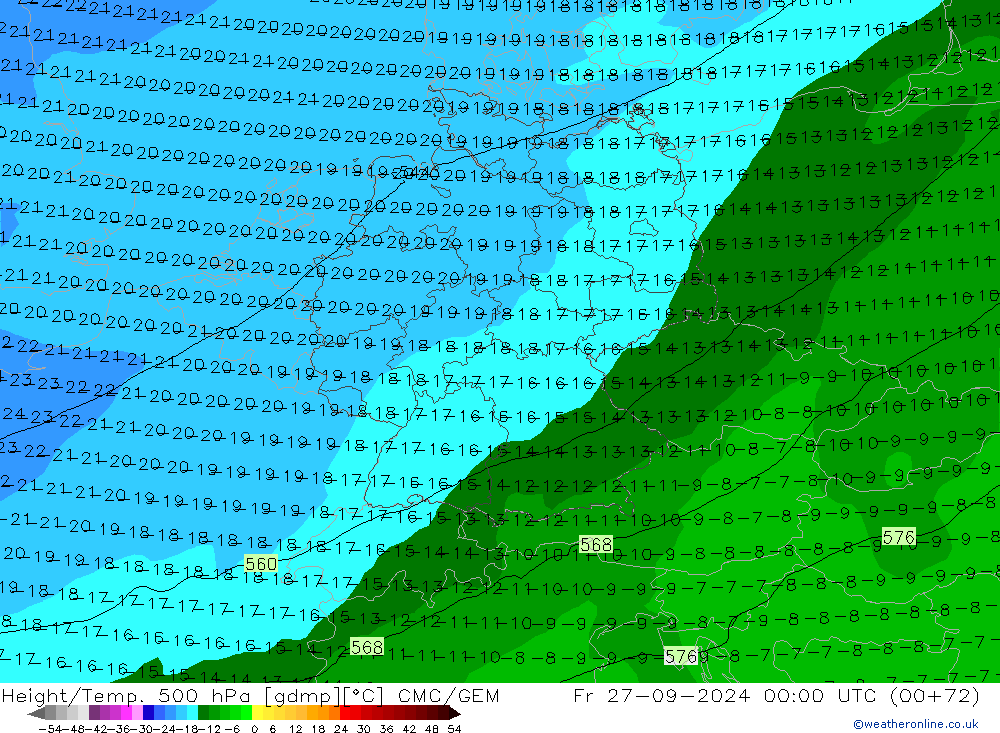 Yükseklik/Sıc. 500 hPa CMC/GEM Cu 27.09.2024 00 UTC