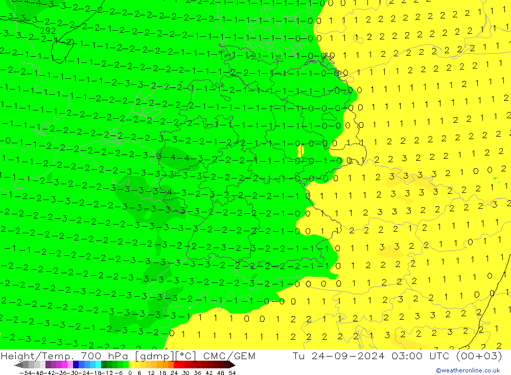 Height/Temp. 700 гПа CMC/GEM вт 24.09.2024 03 UTC