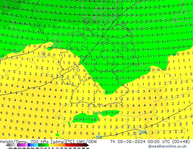 Yükseklik/Sıc. 700 hPa CMC/GEM Per 26.09.2024 00 UTC