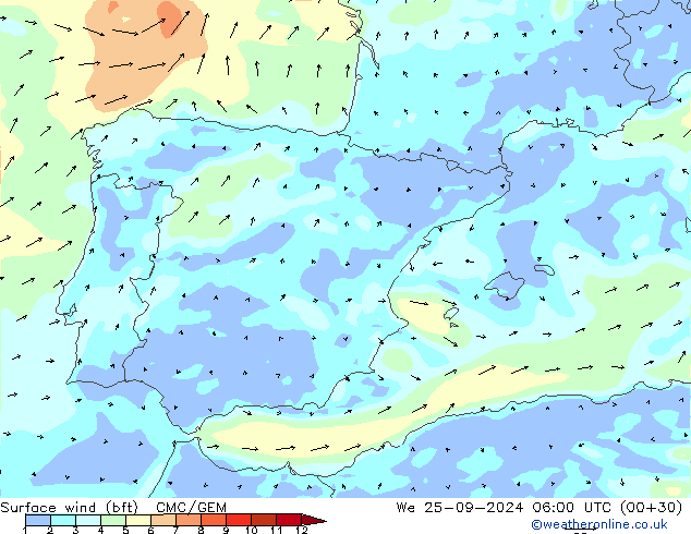 Vent 10 m (bft) CMC/GEM mer 25.09.2024 06 UTC