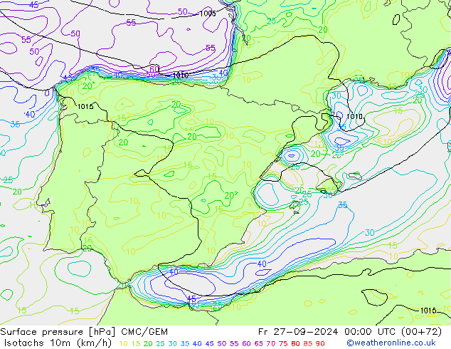 Isotachs (kph) CMC/GEM ven 27.09.2024 00 UTC