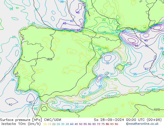 Isotaca (kph) CMC/GEM sáb 28.09.2024 00 UTC