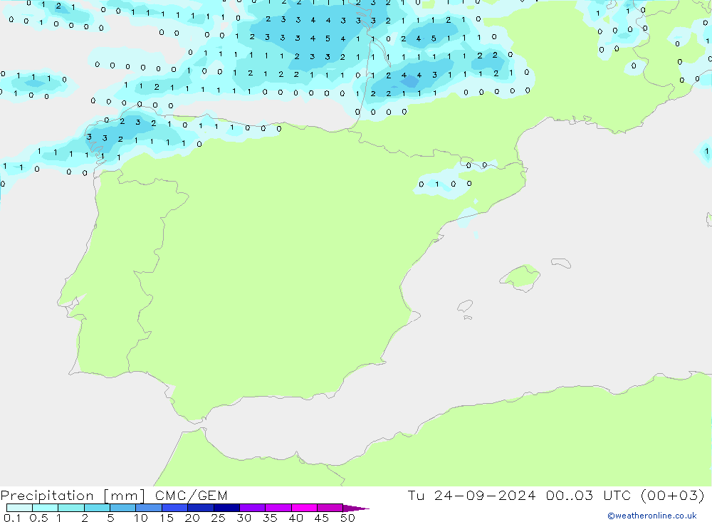 Srážky CMC/GEM Út 24.09.2024 03 UTC