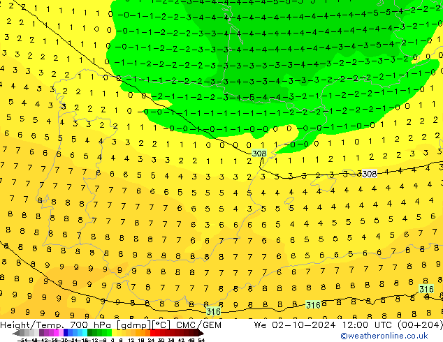 Height/Temp. 700 гПа CMC/GEM ср 02.10.2024 12 UTC