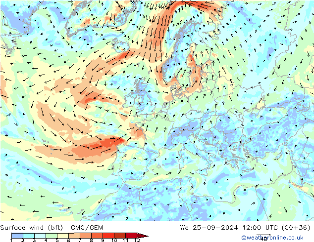 Rüzgar 10 m (bft) CMC/GEM Çar 25.09.2024 12 UTC