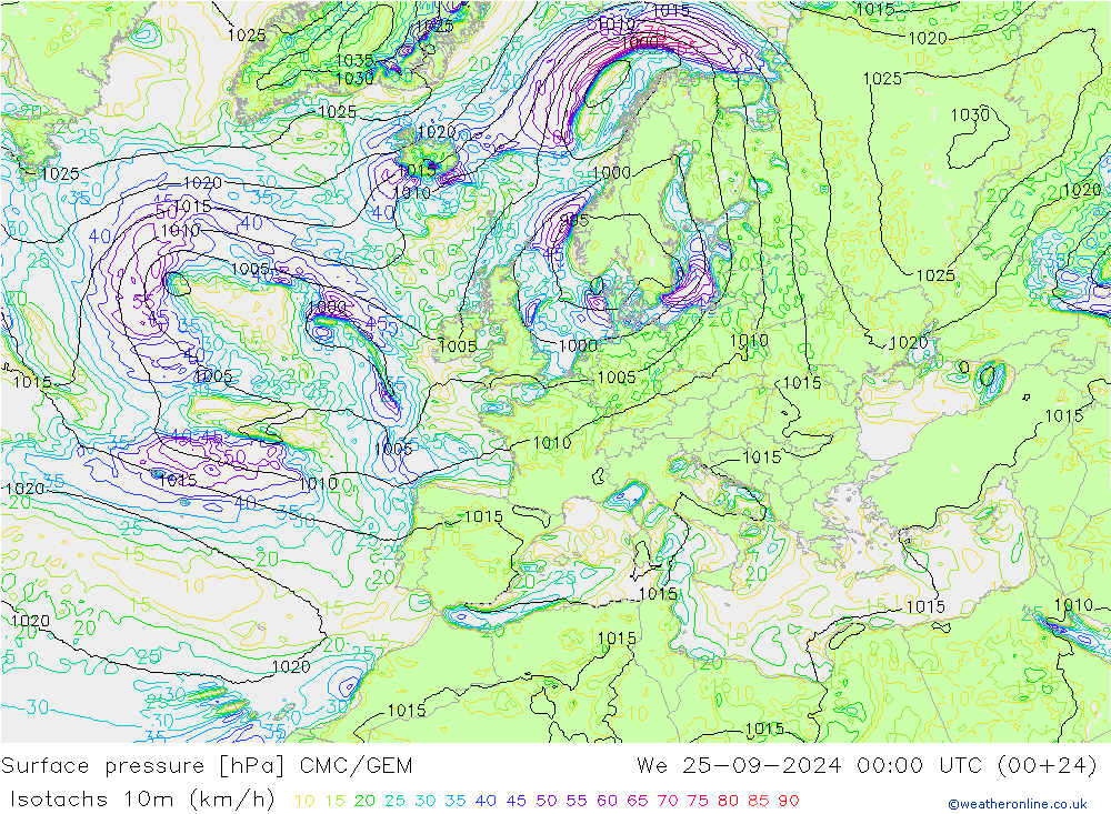 Isotachs (kph) CMC/GEM We 25.09.2024 00 UTC