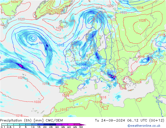 Precipitazione (6h) CMC/GEM mar 24.09.2024 12 UTC