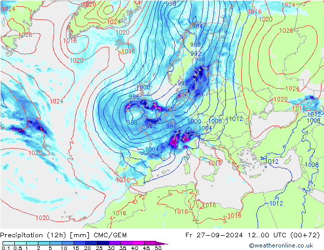 Precipitation (12h) CMC/GEM Fr 27.09.2024 00 UTC