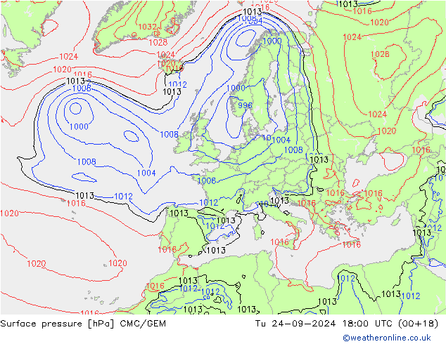 Surface pressure CMC/GEM Tu 24.09.2024 18 UTC