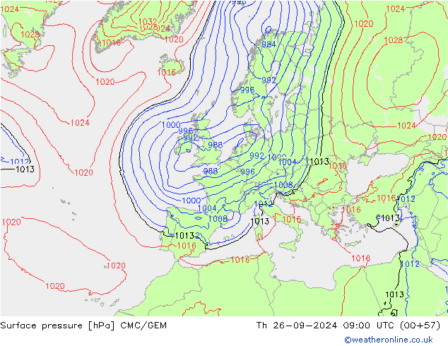 Atmosférický tlak CMC/GEM Čt 26.09.2024 09 UTC