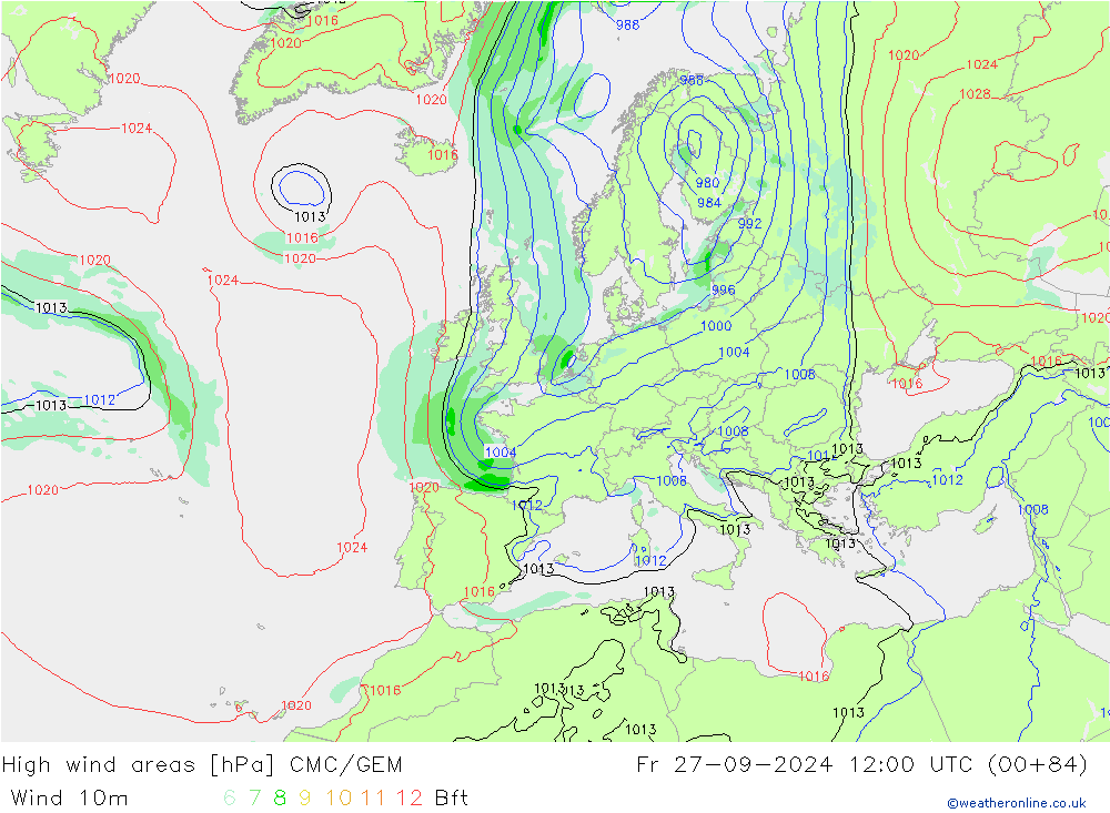 High wind areas CMC/GEM Fr 27.09.2024 12 UTC