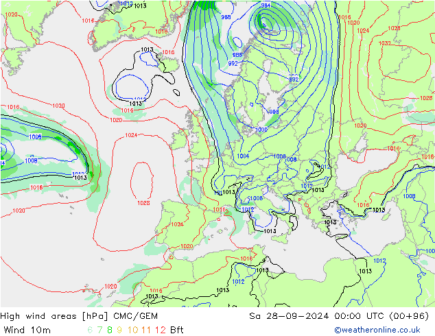 High wind areas CMC/GEM sáb 28.09.2024 00 UTC