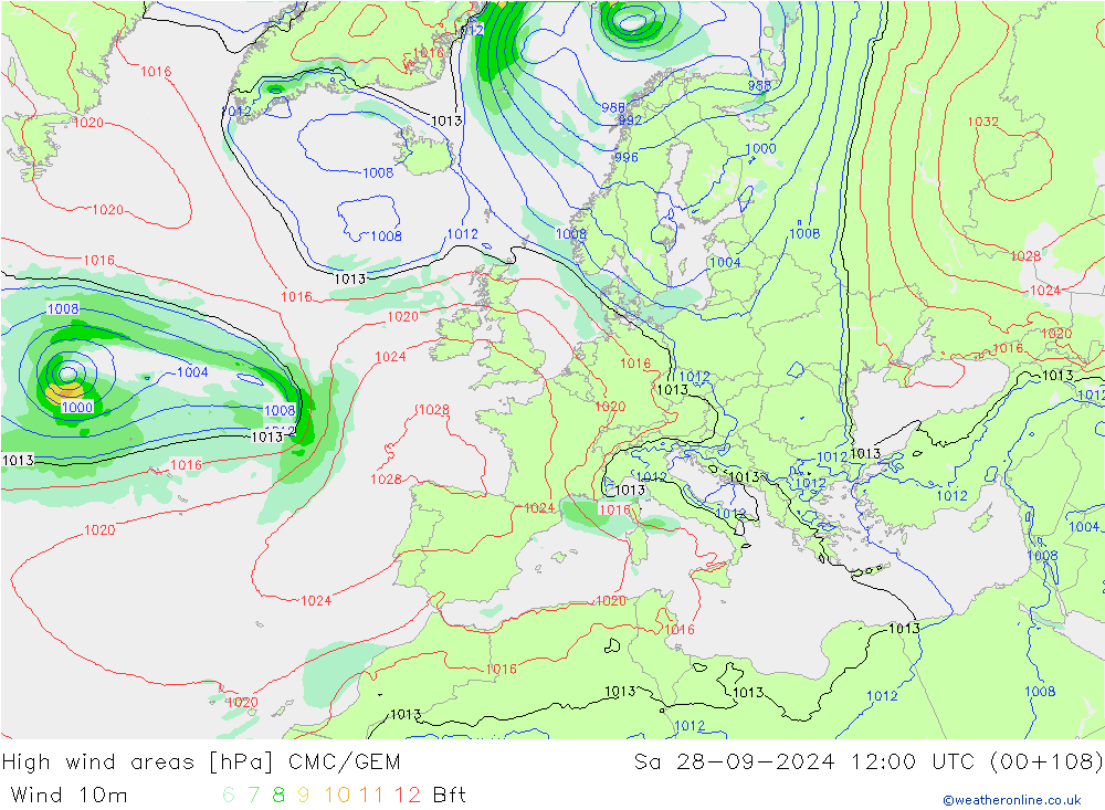 High wind areas CMC/GEM Sa 28.09.2024 12 UTC