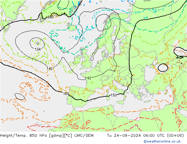 Height/Temp. 850 гПа CMC/GEM вт 24.09.2024 06 UTC