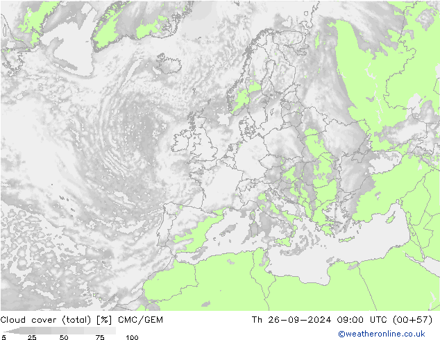 Cloud cover (total) CMC/GEM Th 26.09.2024 09 UTC