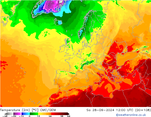 Temperaturkarte (2m) CMC/GEM Sa 28.09.2024 12 UTC