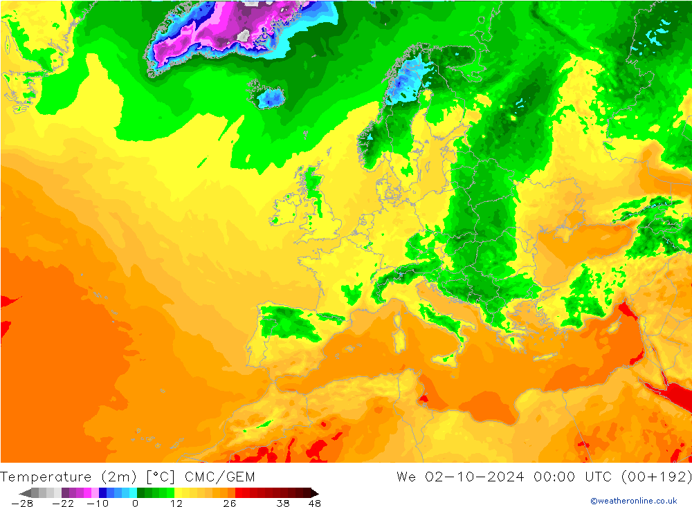 Temperaturkarte (2m) CMC/GEM Mi 02.10.2024 00 UTC