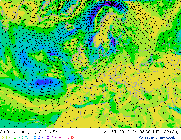 Surface wind CMC/GEM We 25.09.2024 06 UTC