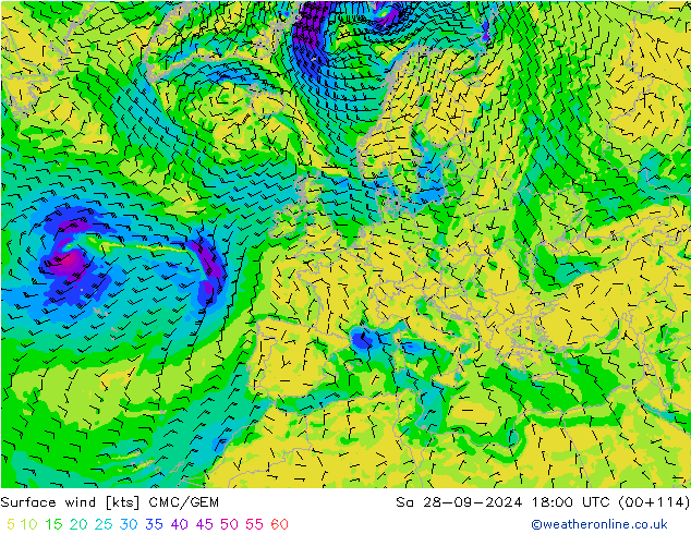 Surface wind CMC/GEM So 28.09.2024 18 UTC