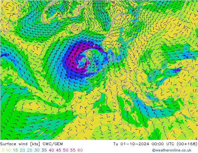 Surface wind CMC/GEM Tu 01.10.2024 00 UTC