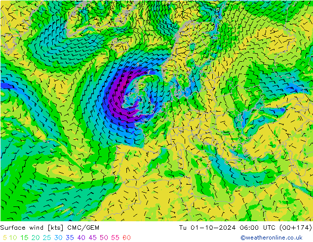 Surface wind CMC/GEM Tu 01.10.2024 06 UTC