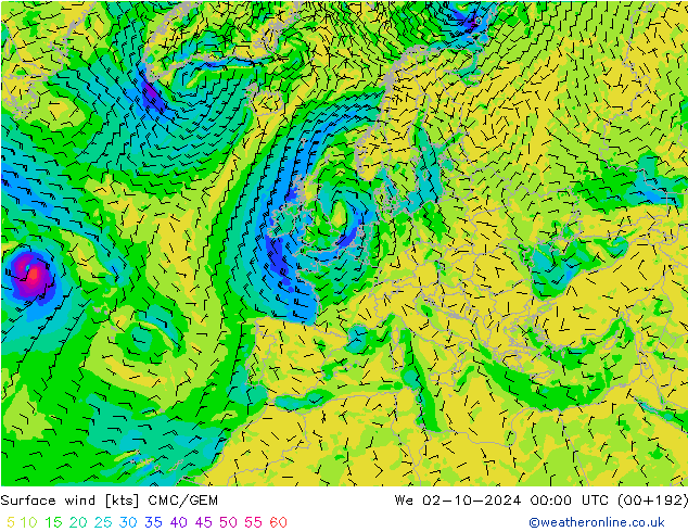 Wind 10 m CMC/GEM wo 02.10.2024 00 UTC