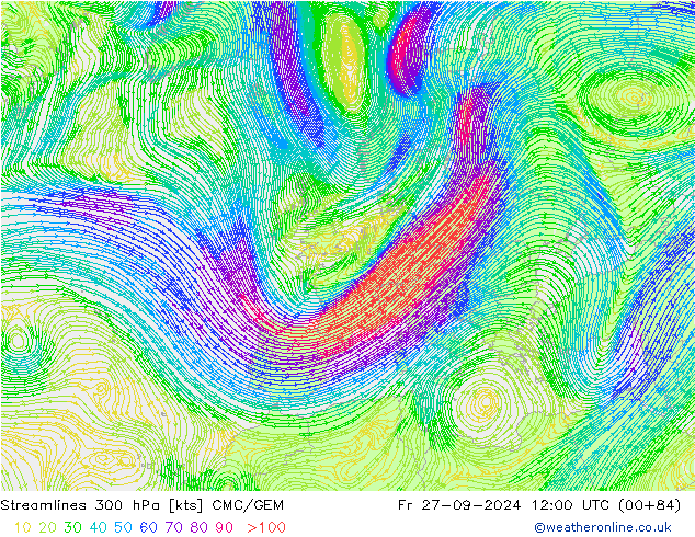 Stroomlijn 300 hPa CMC/GEM vr 27.09.2024 12 UTC