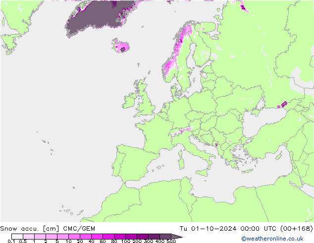 Snow accu. CMC/GEM Ter 01.10.2024 00 UTC