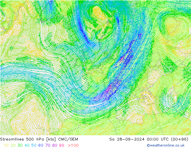 Stroomlijn 500 hPa CMC/GEM za 28.09.2024 00 UTC