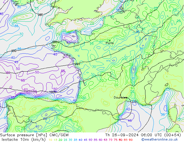 Isotachs (kph) CMC/GEM  26.09.2024 06 UTC