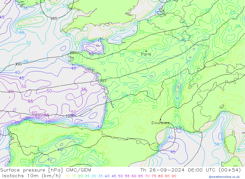 Eşrüzgar Hızları (km/sa) CMC/GEM Per 26.09.2024 06 UTC