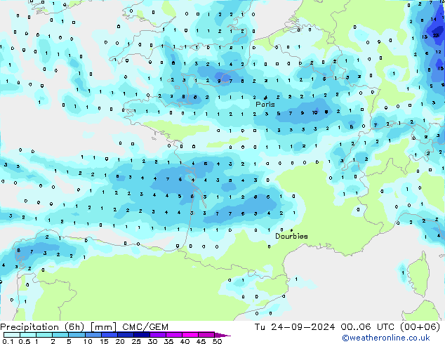 осадки (6h) CMC/GEM вт 24.09.2024 06 UTC