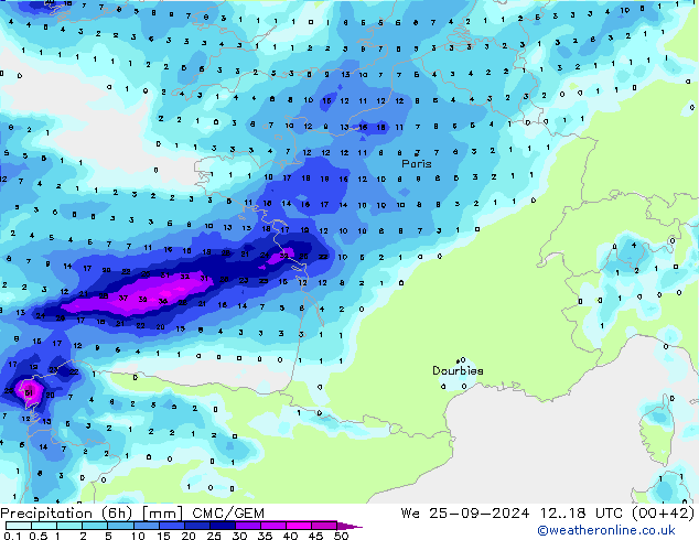 Precipitação (6h) CMC/GEM Qua 25.09.2024 18 UTC