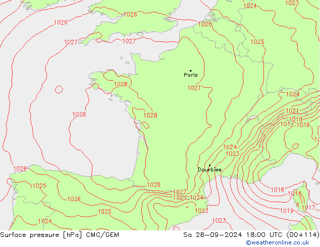 Luchtdruk (Grond) CMC/GEM za 28.09.2024 18 UTC