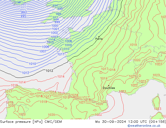 Surface pressure CMC/GEM Mo 30.09.2024 12 UTC