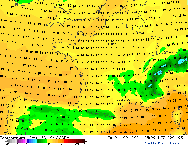 Temperature (2m) CMC/GEM Tu 24.09.2024 06 UTC