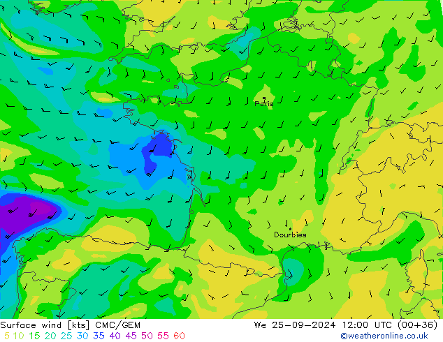 Surface wind CMC/GEM We 25.09.2024 12 UTC