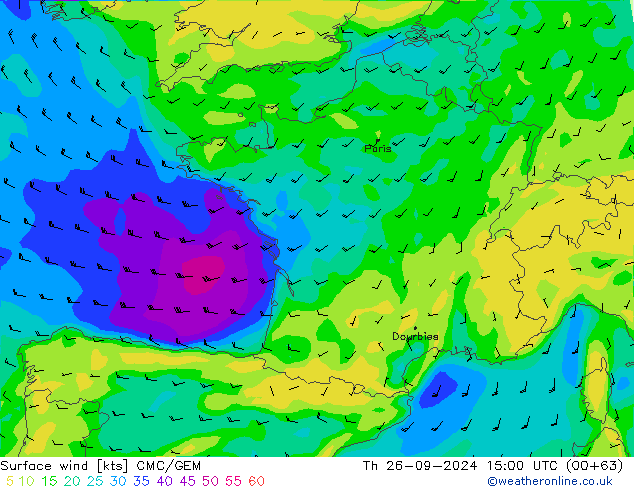 ветер 10 m CMC/GEM чт 26.09.2024 15 UTC