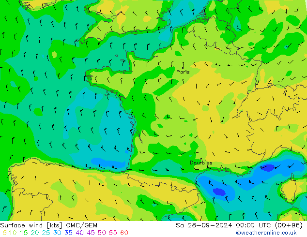 Viento 10 m CMC/GEM sáb 28.09.2024 00 UTC