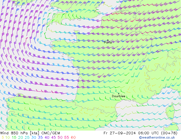 Wind 850 hPa CMC/GEM Fr 27.09.2024 06 UTC