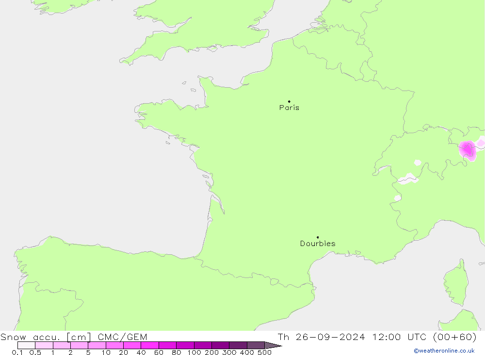 Snow accu. CMC/GEM Čt 26.09.2024 12 UTC