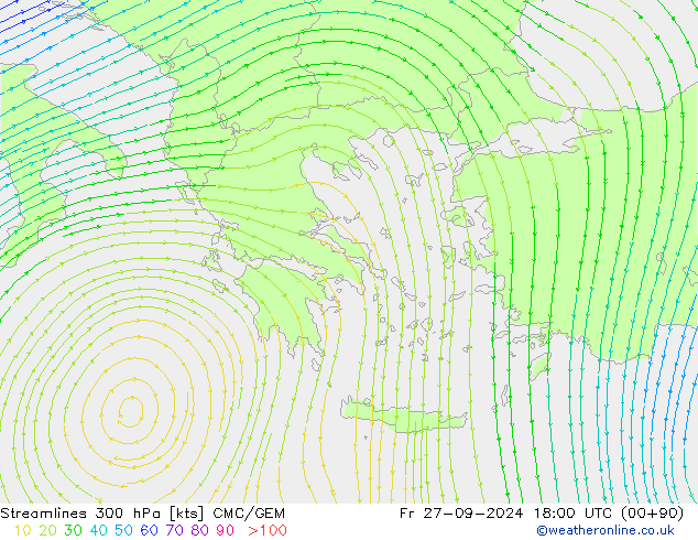 Streamlines 300 hPa CMC/GEM Fr 27.09.2024 18 UTC