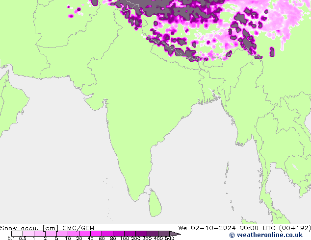 Глубина снега CMC/GEM ср 02.10.2024 00 UTC