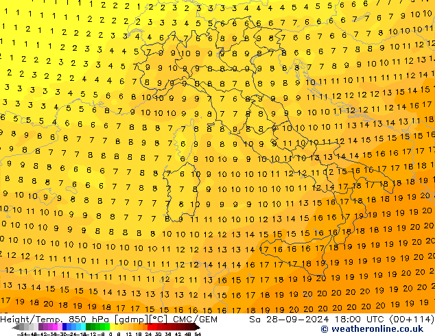 Height/Temp. 850 hPa CMC/GEM so. 28.09.2024 18 UTC