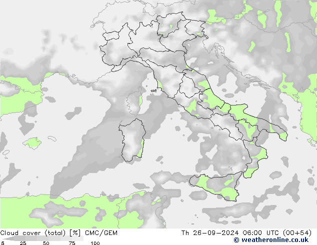 Cloud cover (total) CMC/GEM Čt 26.09.2024 06 UTC