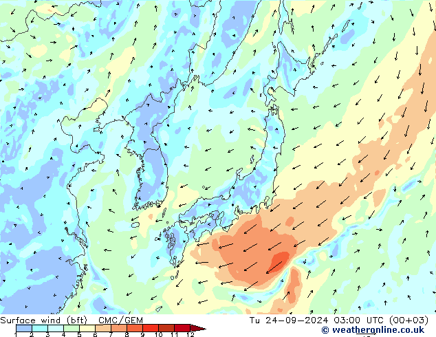 wiatr 10 m (bft) CMC/GEM wto. 24.09.2024 03 UTC