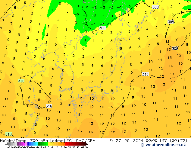 Height/Temp. 700 hPa CMC/GEM Pá 27.09.2024 00 UTC